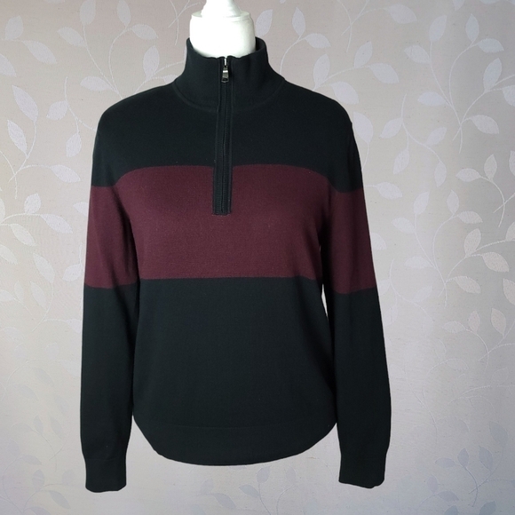 Banana Republic Quarter Zip Sweater 90s Stripe Black Red Pima Cotton Cashmere Sm - Picture 2 of 14